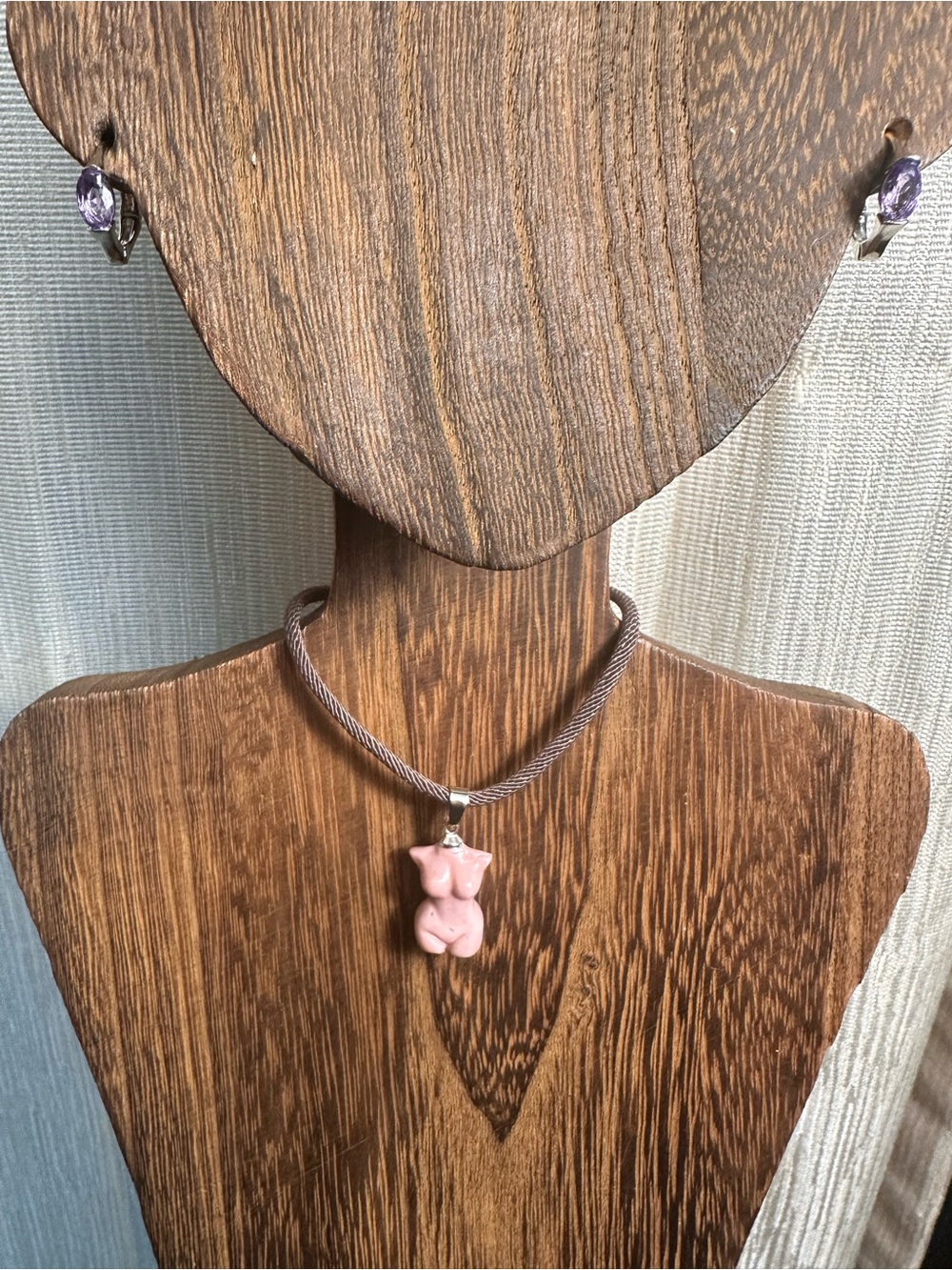 Mini Light Pink Alashan Agate Lady Body Carving Pendant Necklace on Brown Rope - Picture 3 of 16